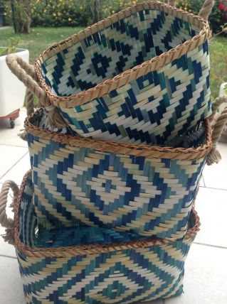3 Paniers bambou bleu/naturel