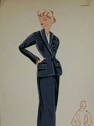 Croquis Mode 1950 / Tailleurs et robes bleus
