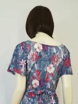 Robe vintage 70ies taille 38 40 fond gris motif fleurs exotiques et ibiscus