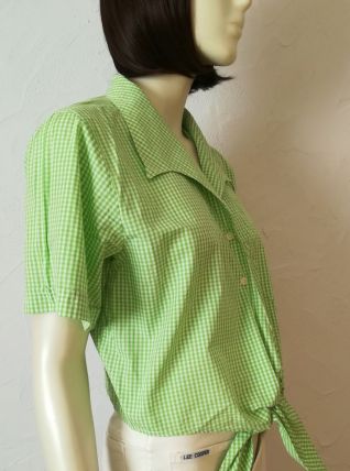 Chemisier vintage crop à nouer col poète vichy vert et blanc taille 42 44 