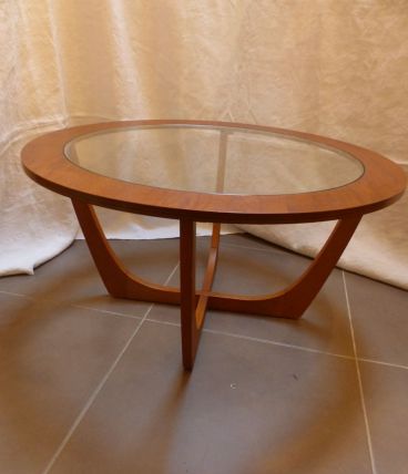 Table basse en teck vintage dessus verre clair
