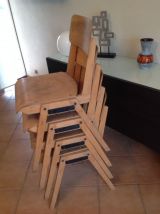 4 CHAISES  BOIS PIEDS COMPAS DESIGN SCANDINAVE INDUSTRIEL