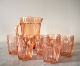 Lot de 6 verres et 1 pichet en verre ambré art déco