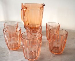 Lot de 6 verres et 1 pichet en verre ambré art déco