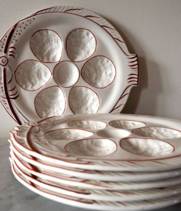 Lot de 6 assiettes à huîtres, motif poisson blanc/rouge