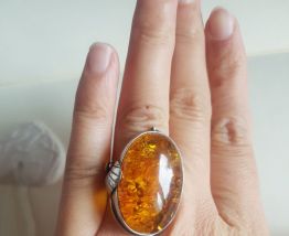 Bague Art Nouveau en ambre et argent taille 54