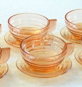 6 tasses à café avec soucoupes Art déco anciennes en verre 
