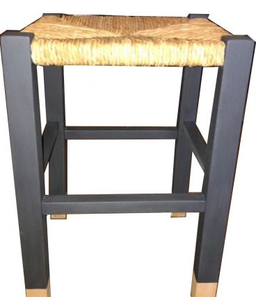 Tabouret campagnard ancien chêne et paille relooké