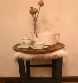 Tabouret campagnard ancien chêne et paille relooké