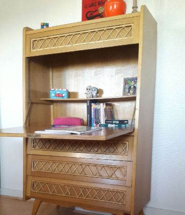 Secrétaire rotin vintage scandinave pieds compas 