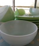 Ensemble de 6 tasses café et soucoupes opaline vert/bleu