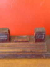 Double encrier, porte stylos et buvard bois ancien art deco
