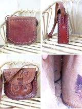 sac ancien artisanal en cuir épais gravé avec motifs western