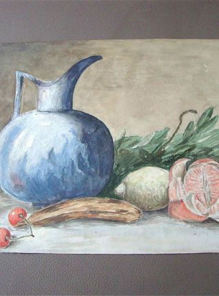 Tableau - Aquarelle ancienne fruits et pichet bleu