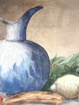 Tableau - Aquarelle ancienne fruits et pichet bleu
