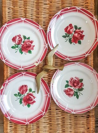 Lot Assiettes cassées x4 Digoin Sarreguemines Rose rouge Por