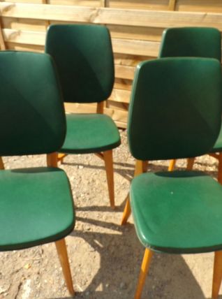 4 Chaises Vintage  1950 -Vert kaki, moleskine, bois être 