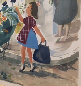 AFFICHE D'ÉCOLE ANCIENNE "LA MARCHANDE DES QUATRE SAISONS" H