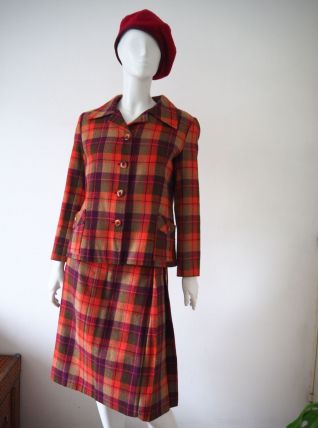Ensemble tailleur veste et jupe plissée  tartan  laine 60s