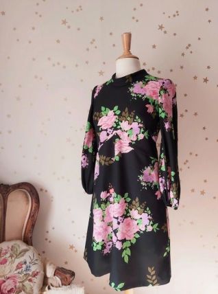 60s robe trapèze fleurie noir rose vert M