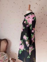60s robe trapèze fleurie noir rose vert M