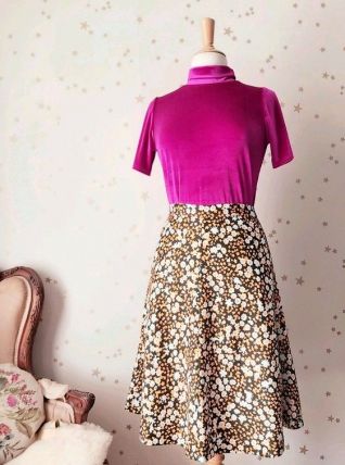 70s jupe midi fleurs noir jaune blanc XS/S