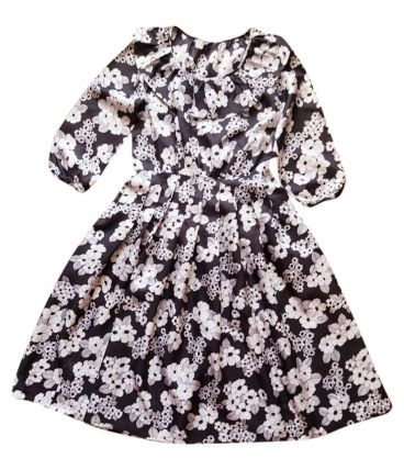 70s robe pierrot fleurs noir blanc S