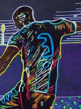 Peinture  acrylique pièce unique joueur de football.  