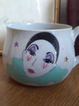 Théière et tasses Pierrot en grès Vintage
