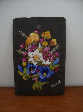 Peinture Huile sur ardoise signée (années 80)  25 cm x 16 cm
