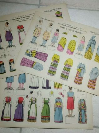 Ancien 3 cartons epinal pellerin poupee a habiller costumes