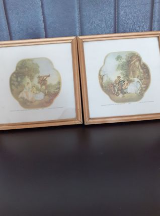2 cadres avec imprimés de deux tableaux de Nicolas Lancret.
