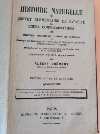 Histoire naturelle du brevet élémentaire edition  de 1884