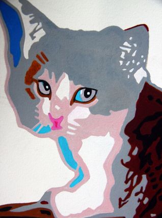 Dessin original chaton dans son panier. Peinture acrylique.