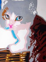 Dessin original chaton dans son panier. Peinture acrylique.