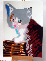 Dessin original chaton dans son panier. Peinture acrylique.