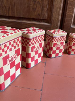 Ensemble boîtes anciennes en tôles damiers blancs et rouge 