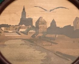 Tableau en marqueterie et pyrogravure signé Méal