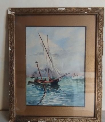 Tableau Aquarelle "Marine" Magnifique peinture d'époque 19