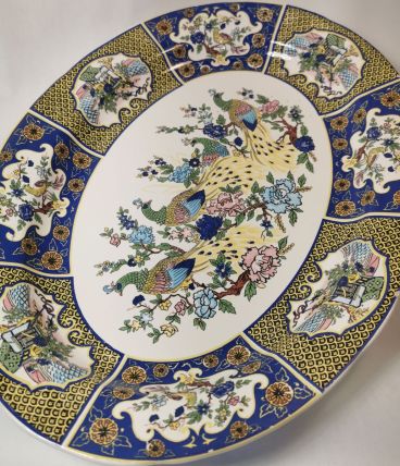 Ancien grand plat en céramique décor de paon art populaire M