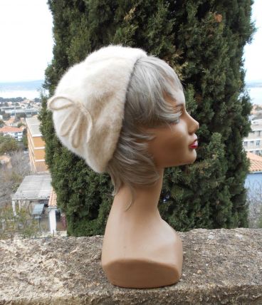 CHAPEAU VINTAGE NATUREL BEIGE ROSE T 55 -56 TBE LAIN MOHAIR