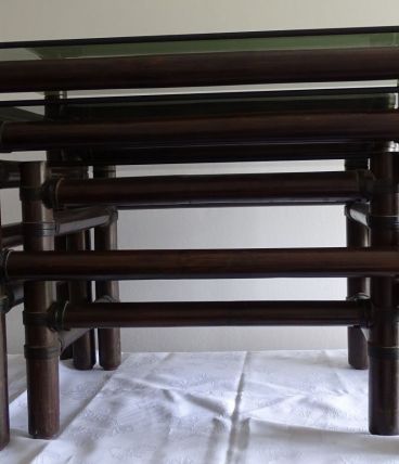 Table gigogne en rotin et verre fumé par 3 pcs