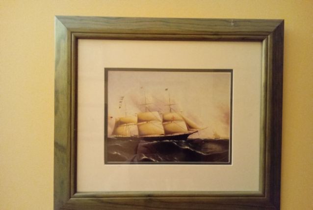 Tableau voilier bateau - sous verre - cadre bois vert 
