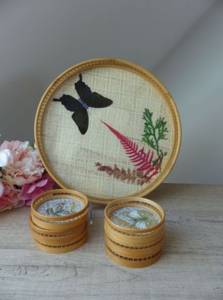 Ensemble Plateau et Six Sous Verre en rotin et papillons