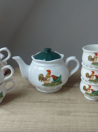 Service à café ou thé motif poule poussins coq vintage