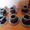 6 tasses soucoupes style Vallauris bleu marron