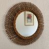 Miroir vintage 1960 soleil fleur rotin osier tressé - 50 cm