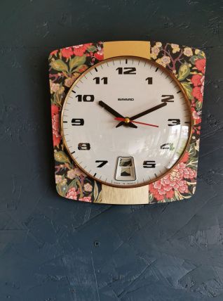 Horloge vintage pendule murale silencieuse fleurs "Bayard"