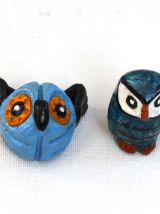 Deux chouettes miniatures bleues - Artisanat fait main
