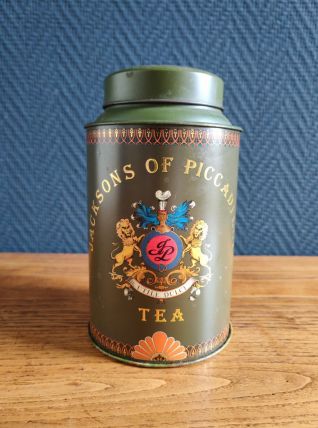 Boîte à thé cylindrique en métal Jacksons of Picadilly 1970